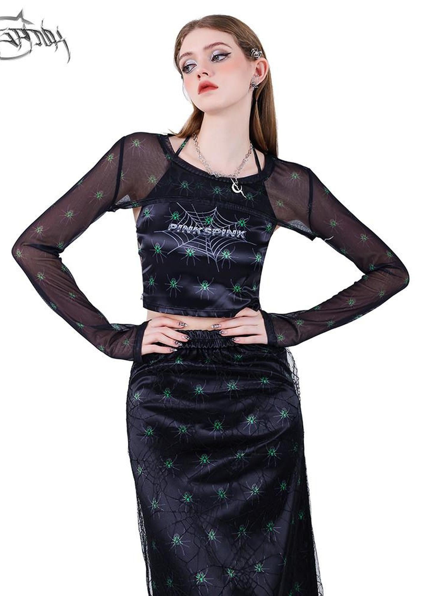 PINKSPINK Spiderweb 3d Skull Print Women's Black Mesh Long Sleeve T-shirts