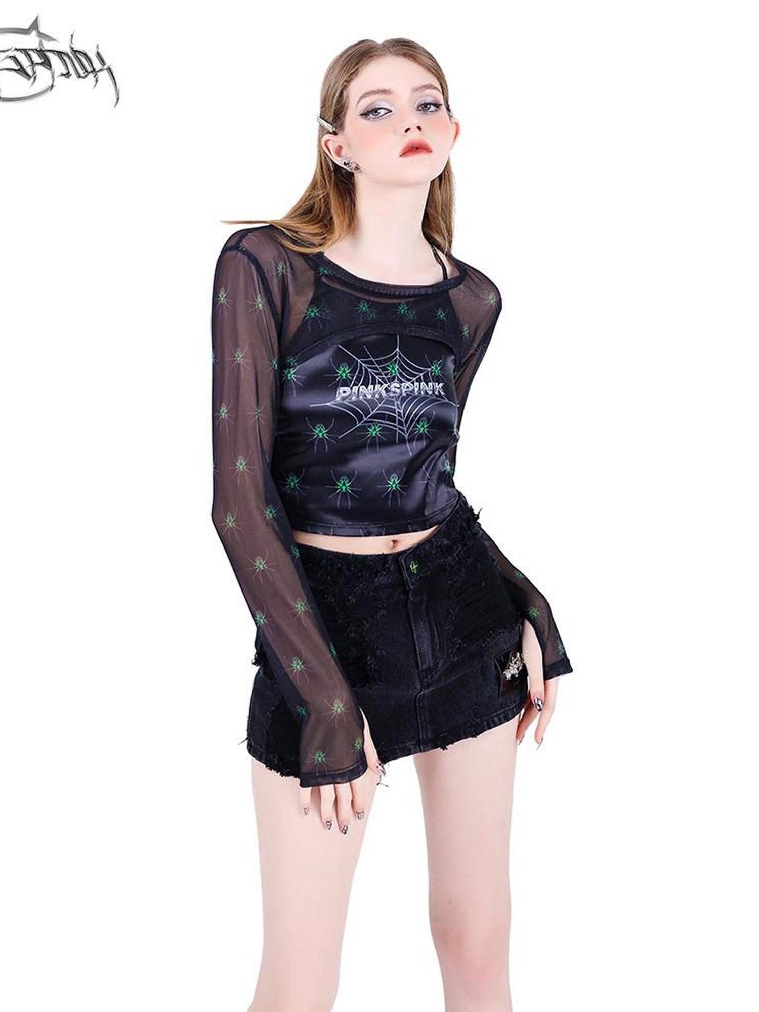 PINKSPINK Spiderweb 3d Skull Print Women's Black Mesh Long Sleeve T-shirts
