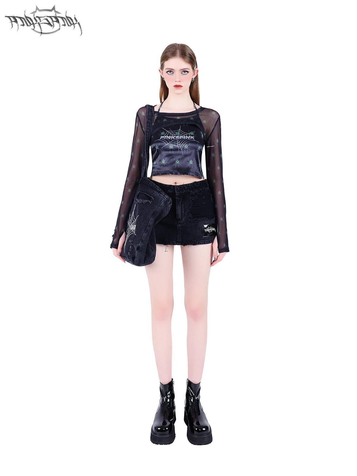 PINKSPINK Spiderweb 3d Skull Print Women's Black Mesh Long Sleeve T-shirts