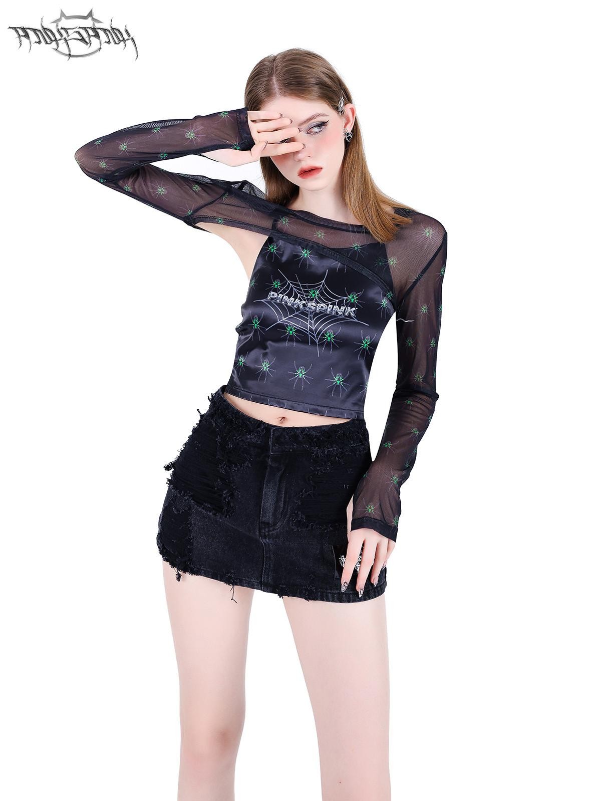 PINKSPINK Spiderweb 3d Skull Print Women's Black Mesh Long Sleeve T-shirts