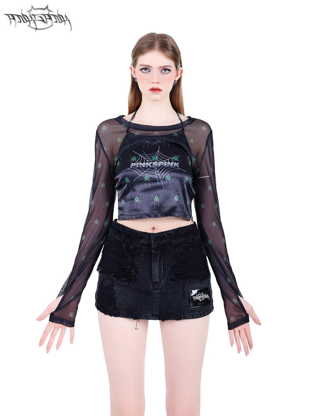 PINKSPINK Spiderweb 3d Skull Print Women's Black Mesh Long Sleeve T-shirts