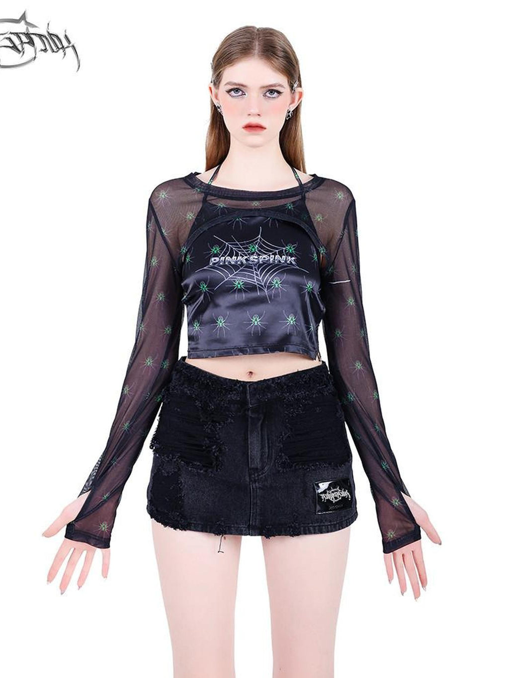 PINKSPINK Spiderweb 3d Skull Slim Fit Women's Mesh Long Sleeve T-shirts
