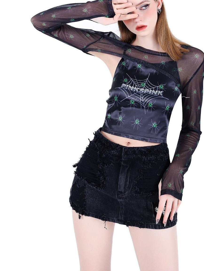 PINKSPINK Spiderweb 3d Skull Slim Fit Women's Mesh Long Sleeve T-shirts