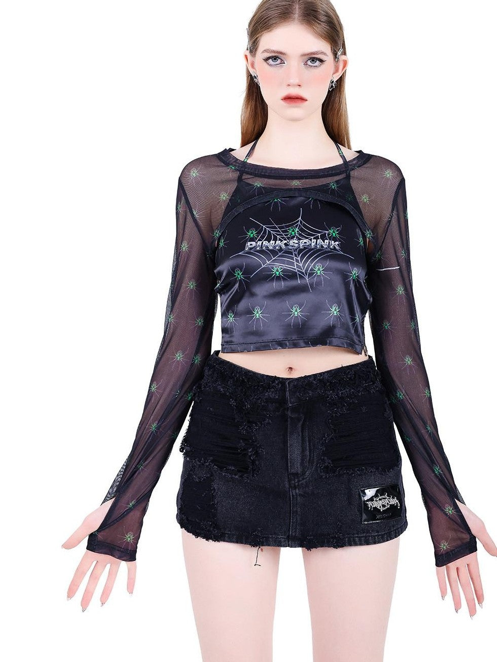 PINKSPINK Spiderweb 3d Skull Slim Fit Women's Mesh Long Sleeve T-shirts