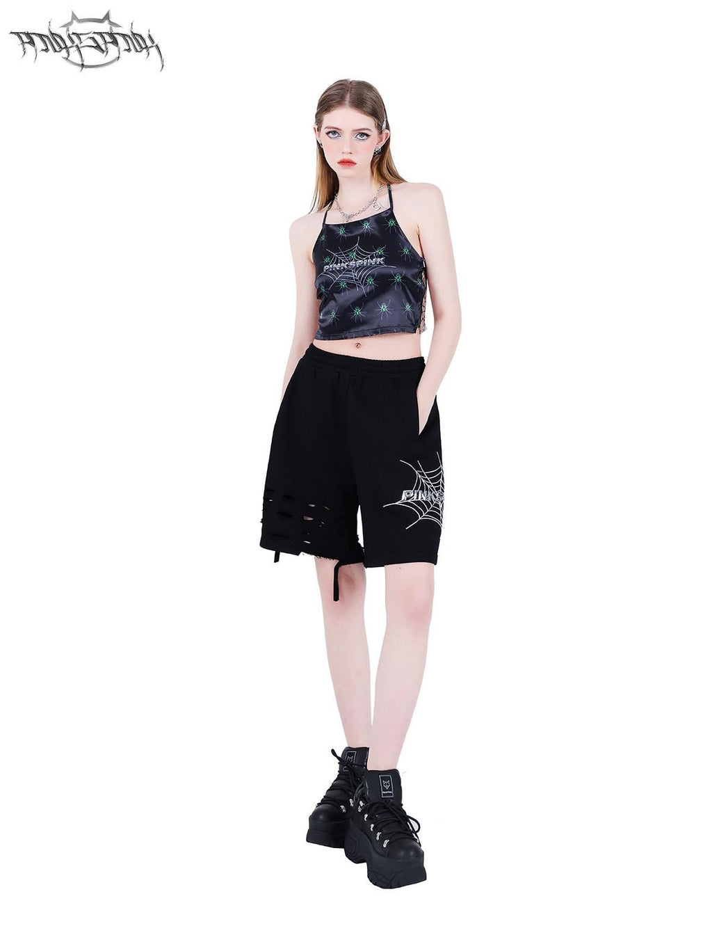 PINKSPINK Spiderweb Hand Painted 3d Spliced Mesh Cropped Women's Tulle Halter Tops