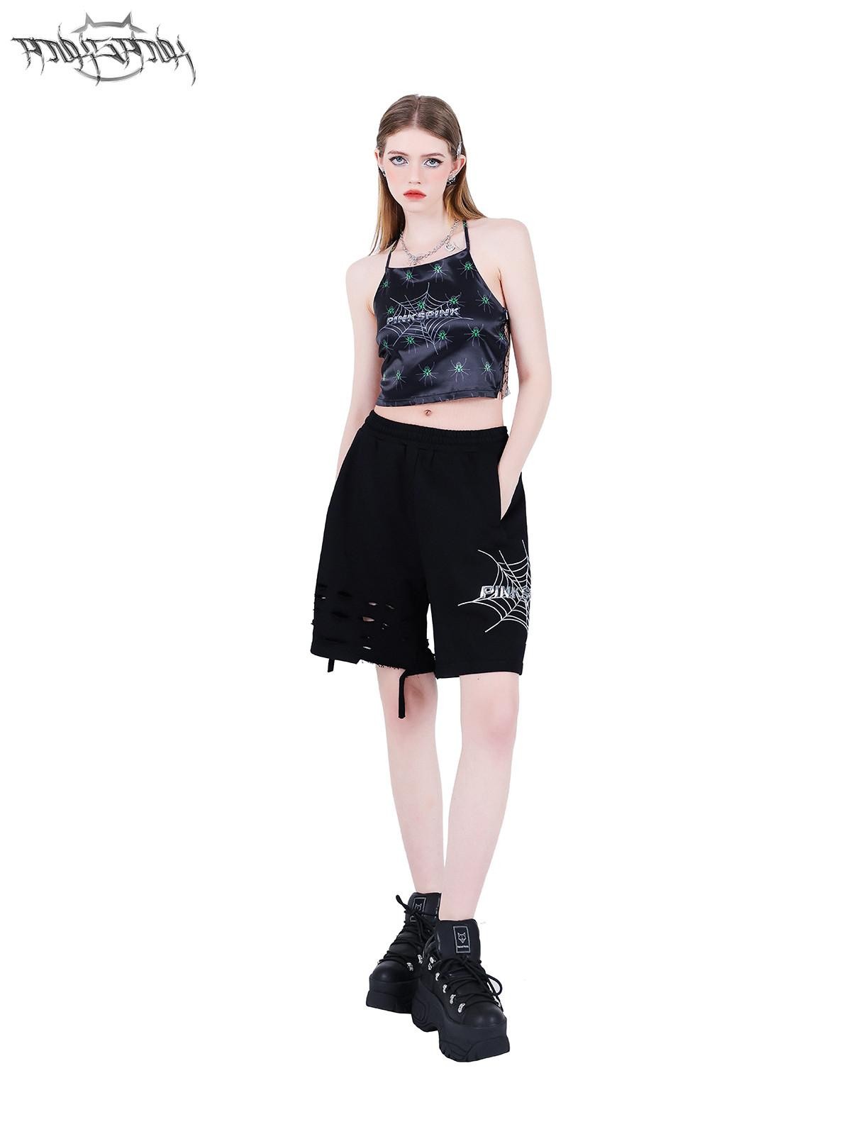 PINKSPINK Spiderweb Hand Painted 3d Spliced Mesh Cropped Women's Tulle Halter Tops