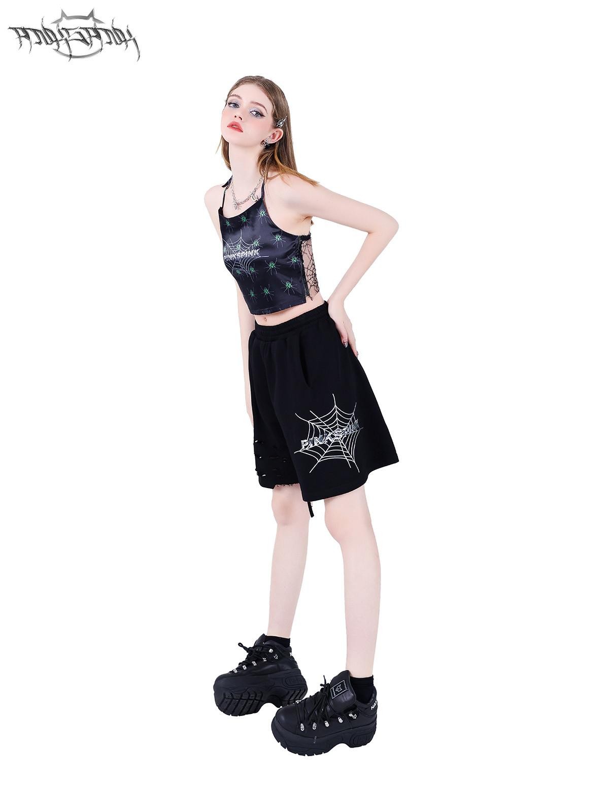 PINKSPINK Spiderweb Hand Painted 3d Spliced Mesh Cropped Women's Tulle Halter Tops