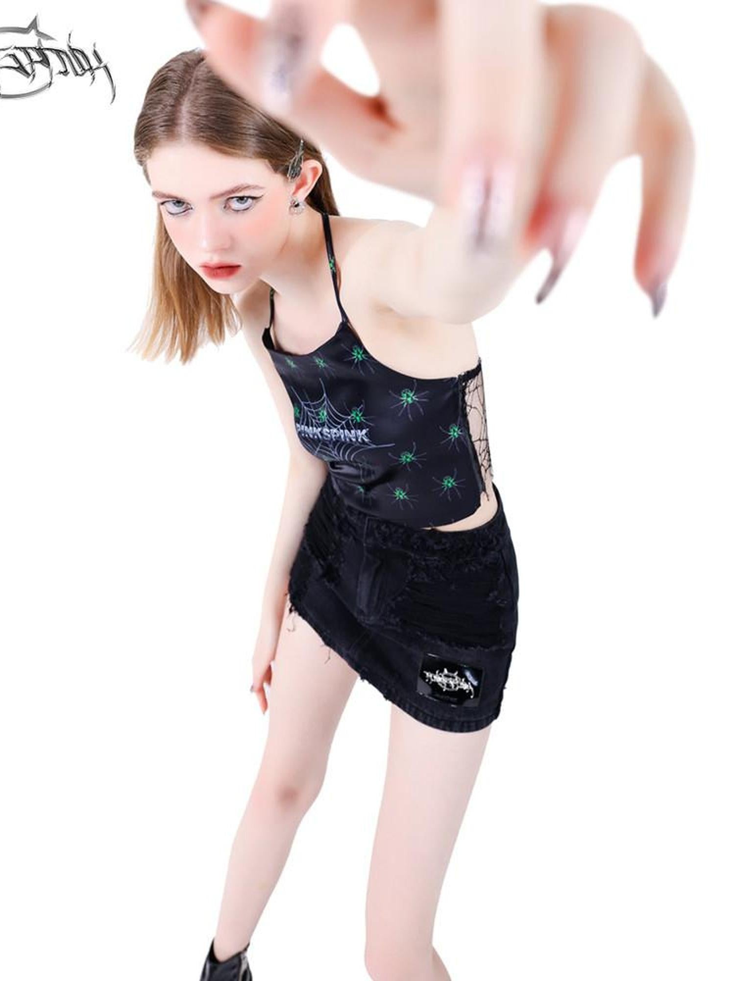 PINKSPINK Spiderweb Hand Painted 3d Spliced Mesh Cropped Women's Tulle Halter Tops