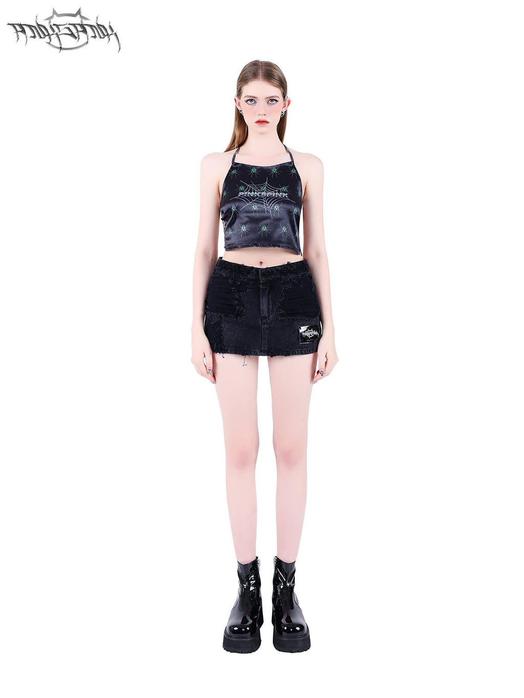 PINKSPINK Spiderweb Hand Painted 3d Spliced Mesh Cropped Women's Tulle Halter Tops