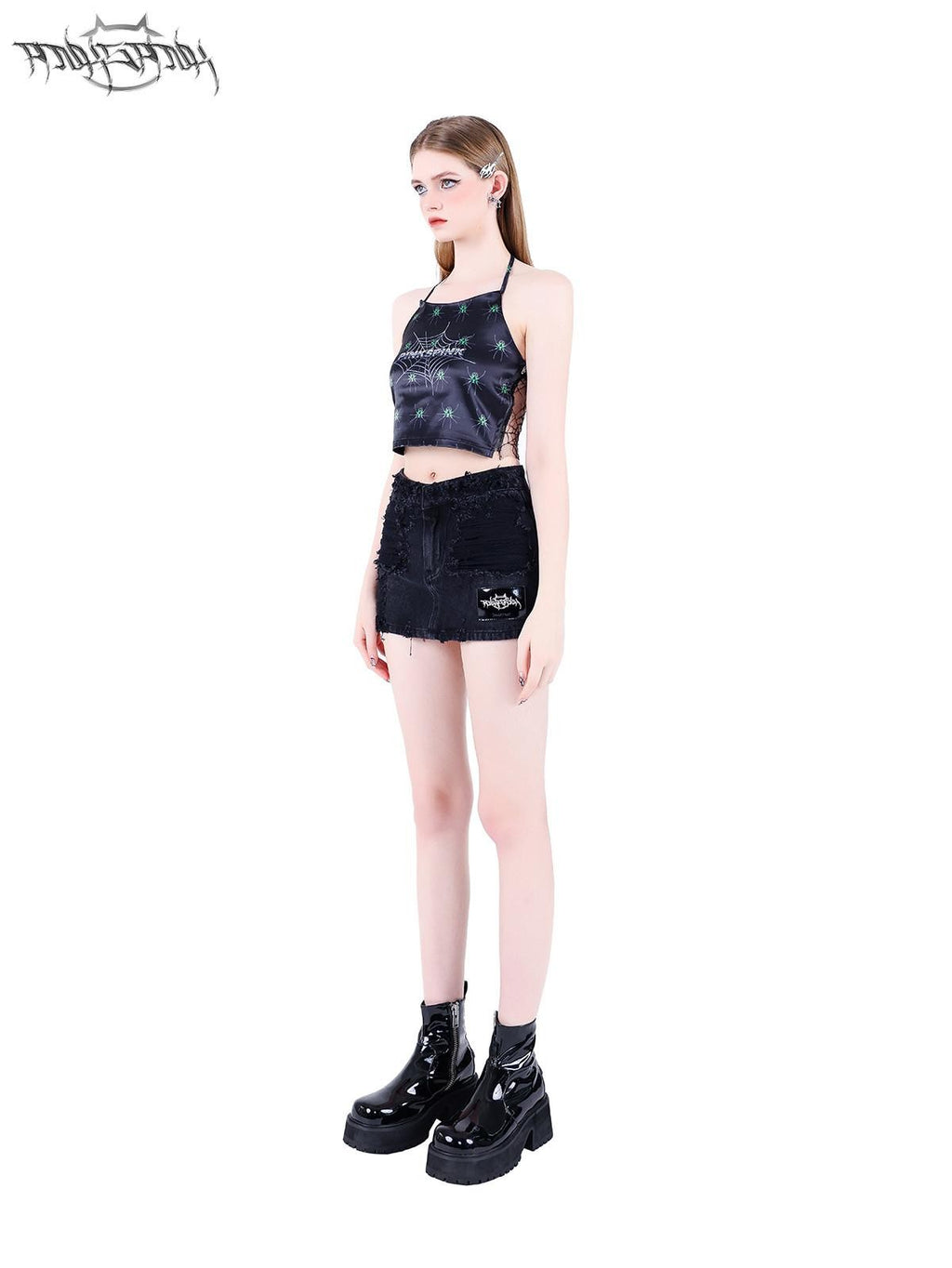 PINKSPINK Spiderweb Hand Painted 3d Spliced Mesh Cropped Women's Tulle Halter Tops