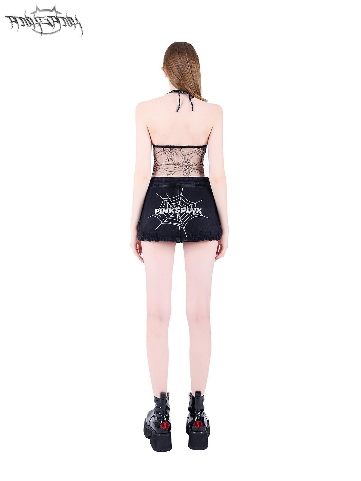 PINKSPINK Spiderweb Hand Painted 3d Spliced Mesh Cropped Women's Tulle Halter Tops