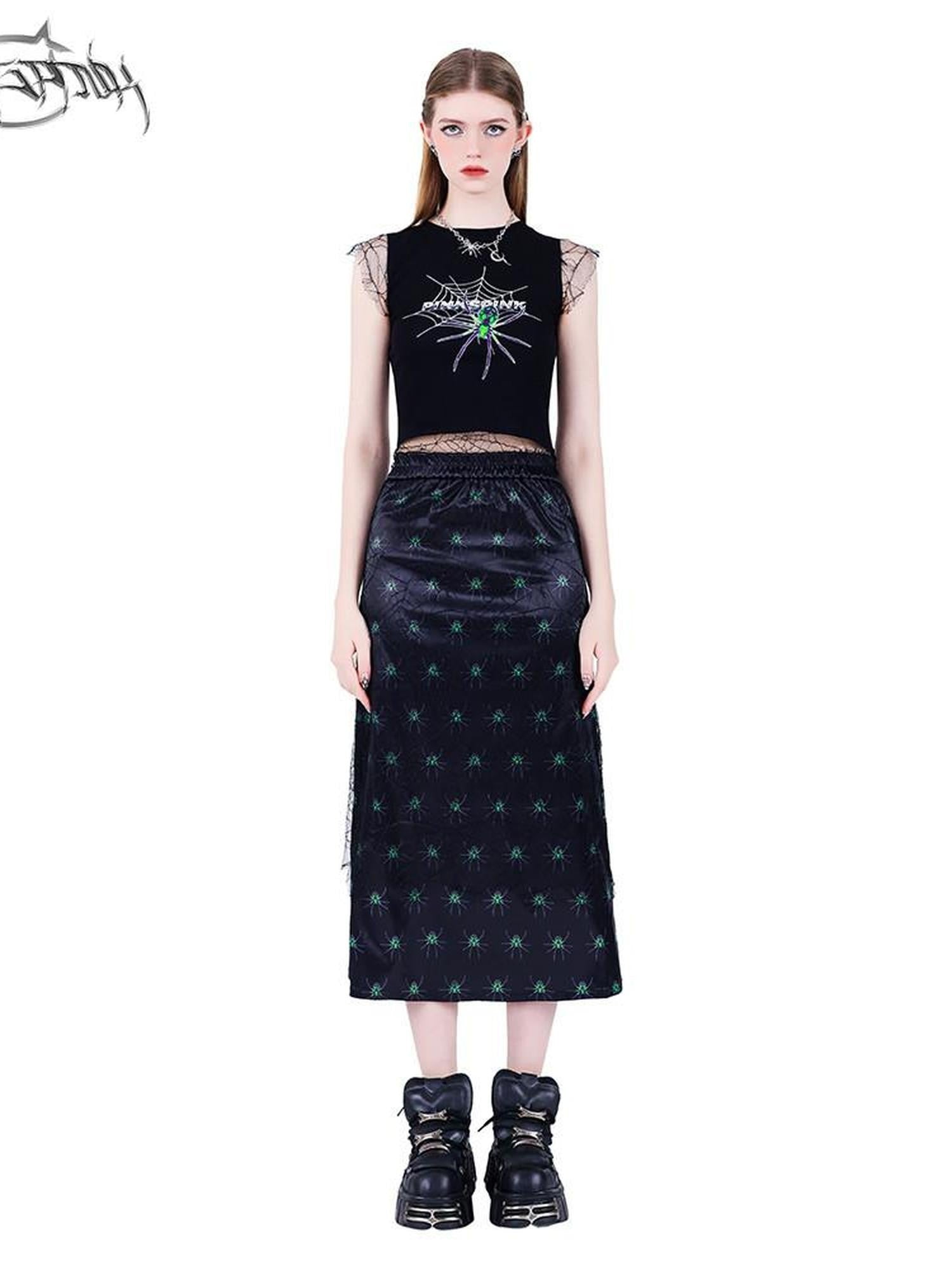 PINKSPINK Spiderweb Mesh Double Layered A Line Women's Mesh Midi Skirts