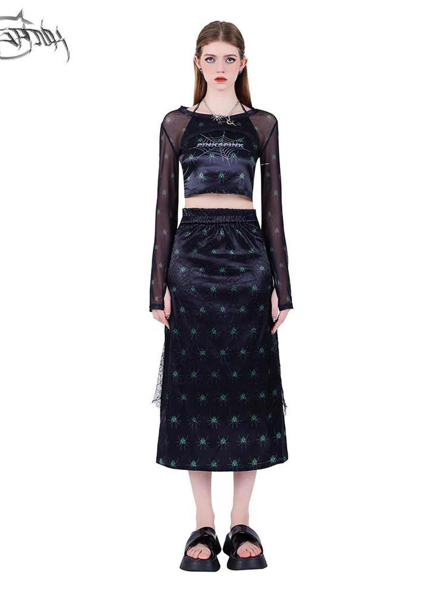 PINKSPINK Spiderweb Mesh Double Layered A Line Women's Mesh Midi Skirts