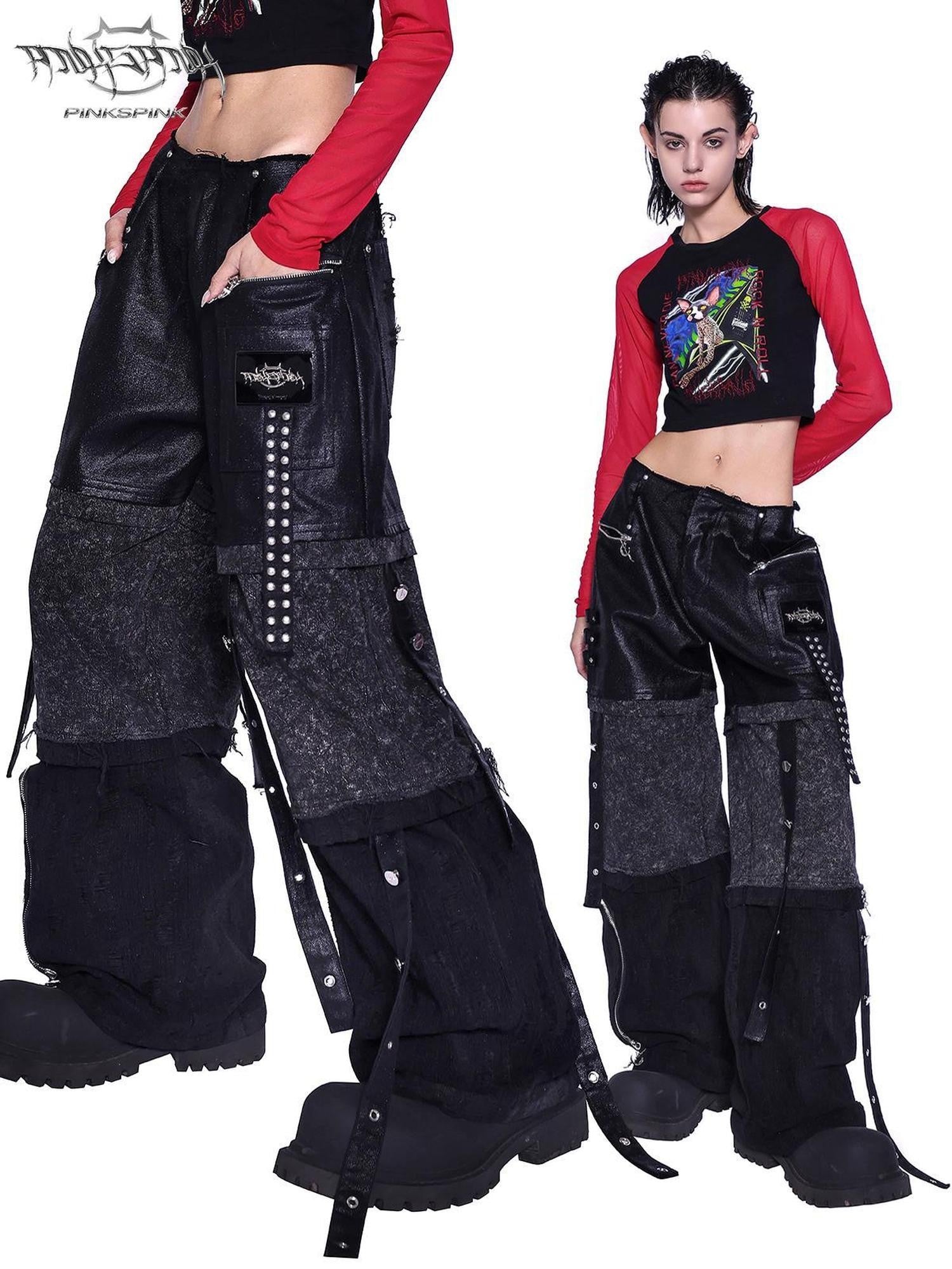 PINKSPINK Stacked Patchwork Distressed Low Rise Studded Belt Women's Denim Wide-leg Jeans