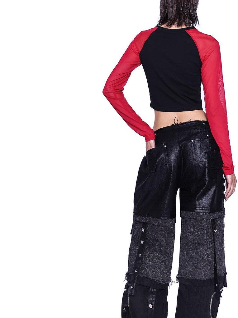 PINKSPINK Stacked Patchwork Distressed Low Rise Studded Belt Women's Denim Wide-leg Jeans