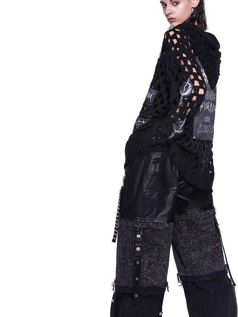 PINKSPINK Stacked Patchwork Distressed Low Rise Studded Belt Women's Denim Wide-leg Jeans