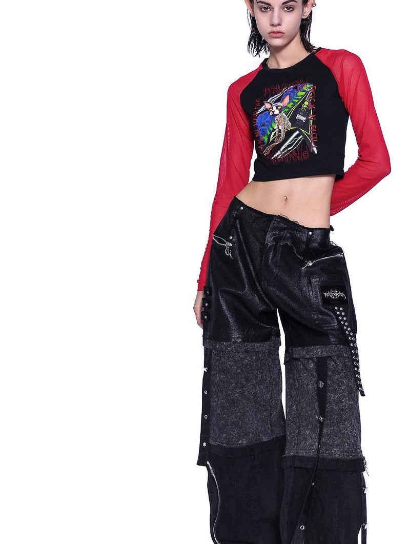 PINKSPINK Stacked Patchwork Distressed Low Rise Studded Belt Women's Denim Wide-leg Jeans