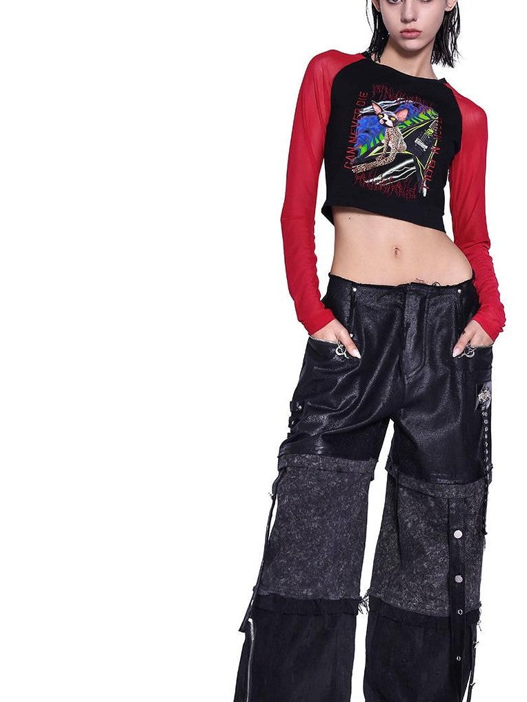 PINKSPINK Stacked Patchwork Distressed Low Rise Studded Belt Women's Denim Wide-leg Jeans