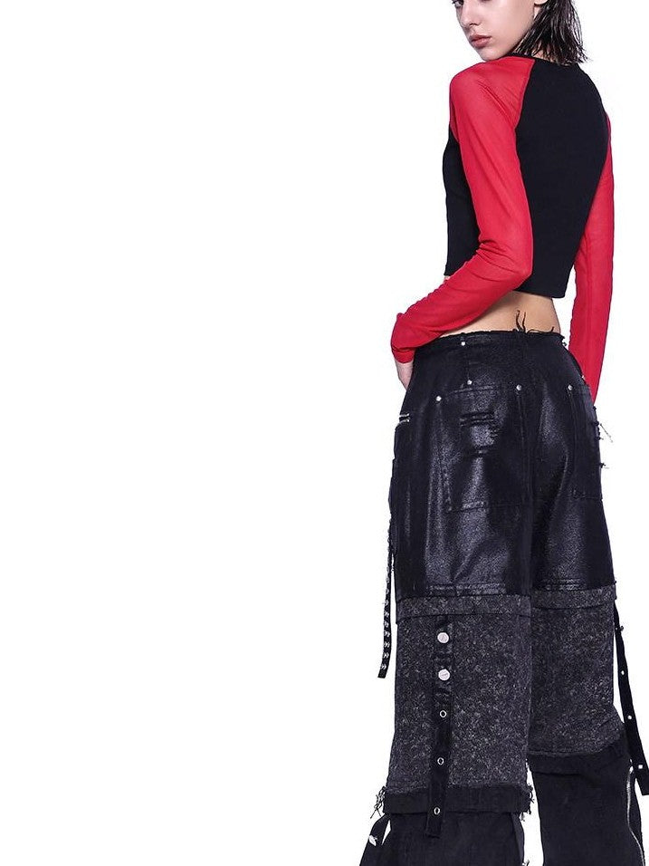 PINKSPINK Stacked Patchwork Distressed Low Rise Studded Belt Women's Denim Wide-leg Jeans