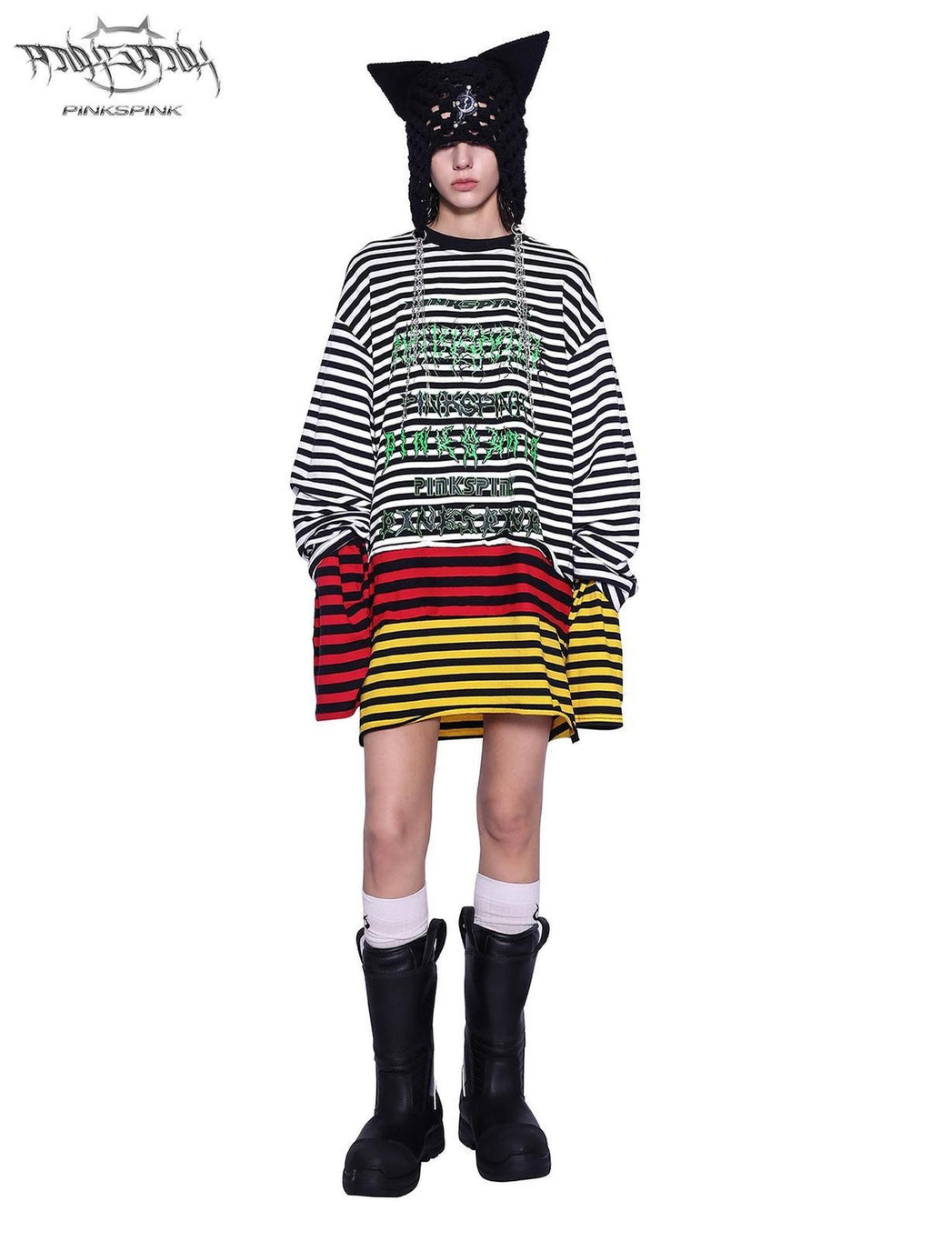 PINKSPINK Stacked Stripe Asymmetric Patchwork Embroidered Women's Long Sleeve T-shirts