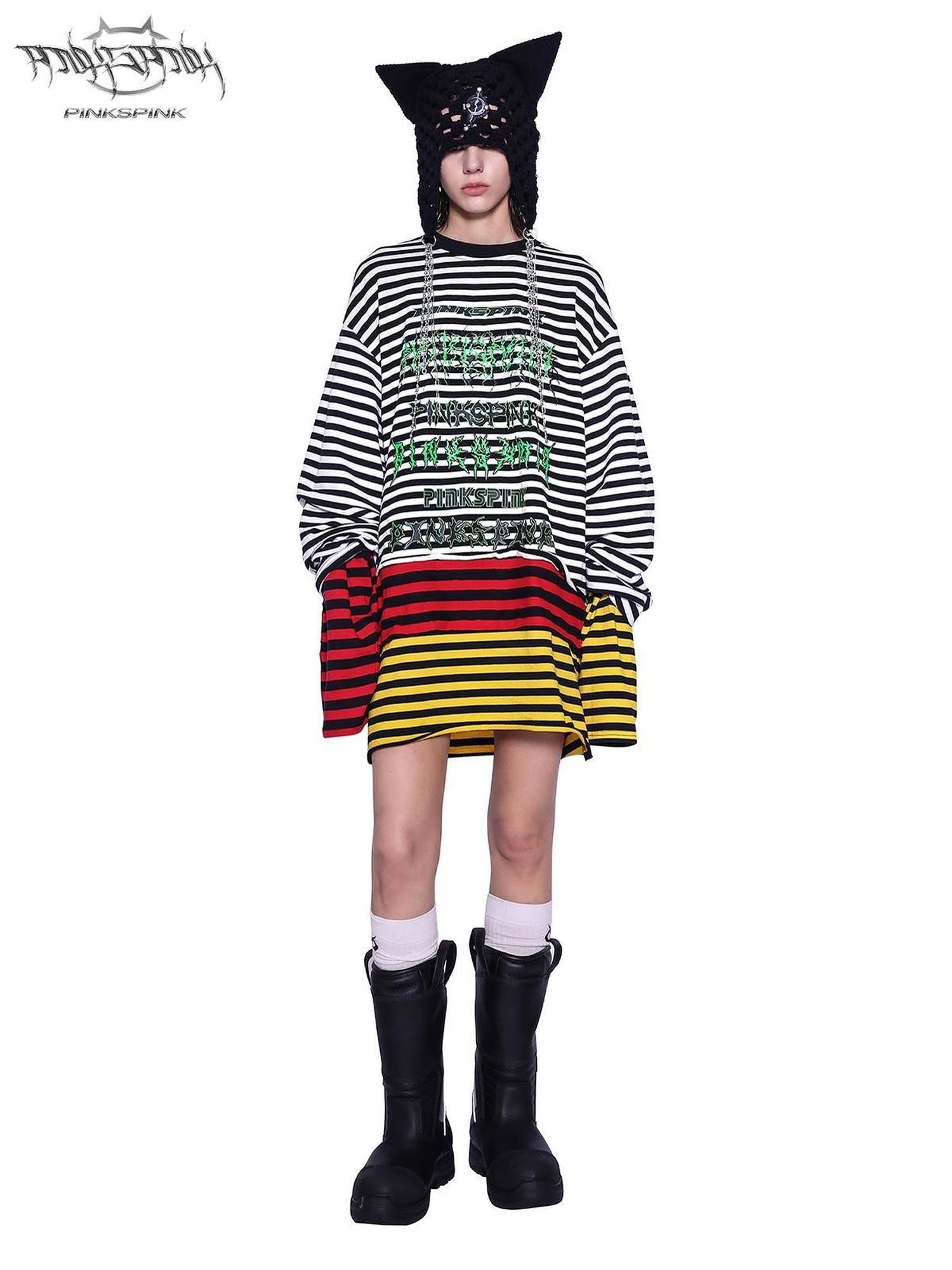 PINKSPINK Stacked Stripe Asymmetric Patchwork Embroidered Women's Long Sleeve T-shirts