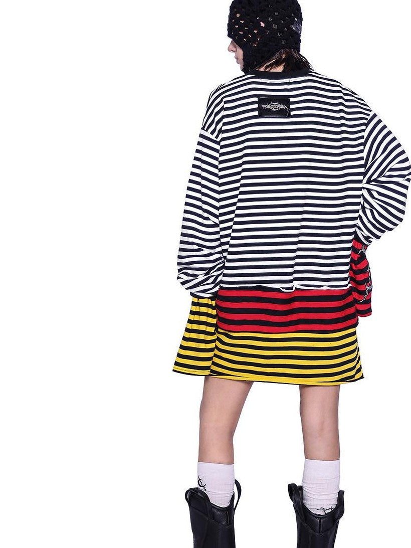 PINKSPINK Stacked Stripe Asymmetric Patchwork Embroidered Women's Long Sleeve T-shirts