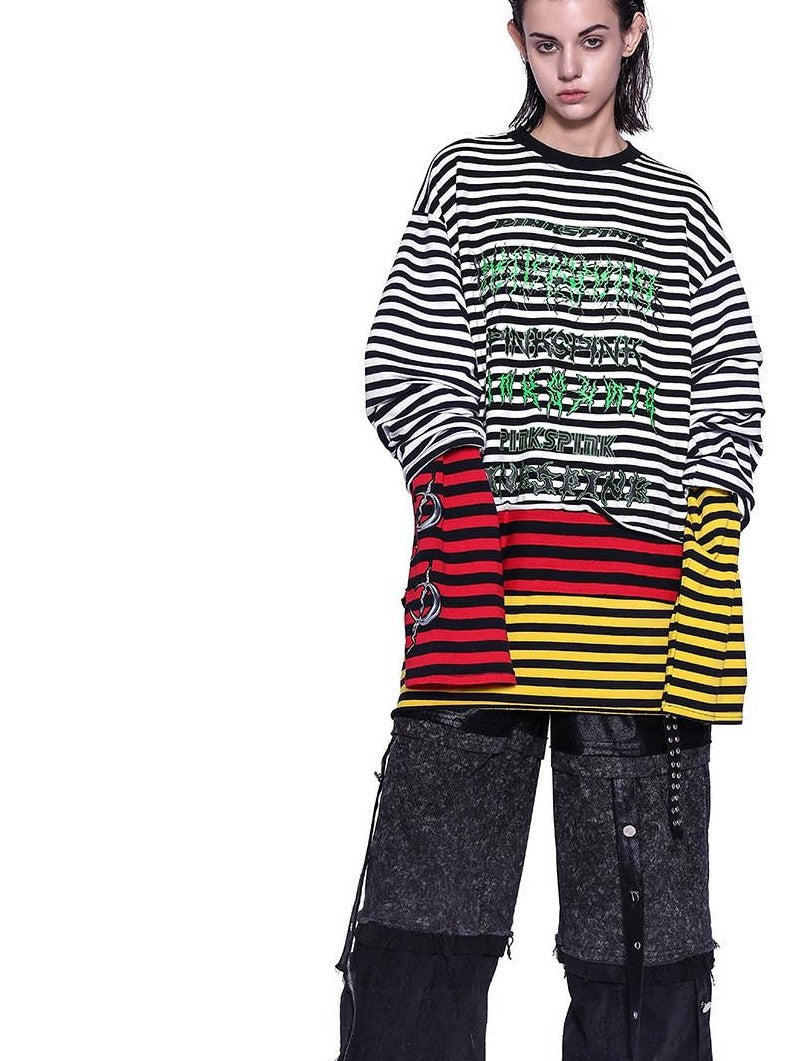 PINKSPINK Stacked Stripe Asymmetric Patchwork Embroidered Women's Long Sleeve T-shirts