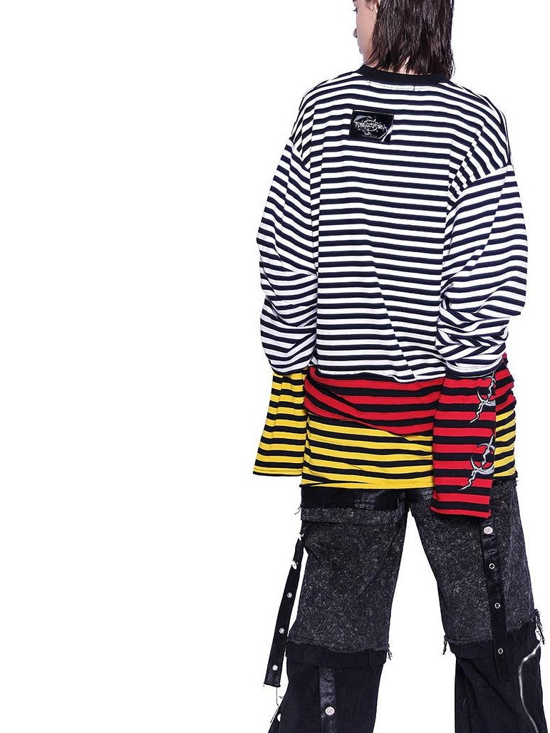 PINKSPINK Stacked Stripe Asymmetric Patchwork Embroidered Women's Long Sleeve T-shirts