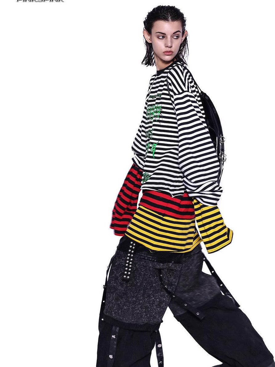 PINKSPINK Stacked Stripe Asymmetric Patchwork Embroidered Women's Long Sleeve T-shirts