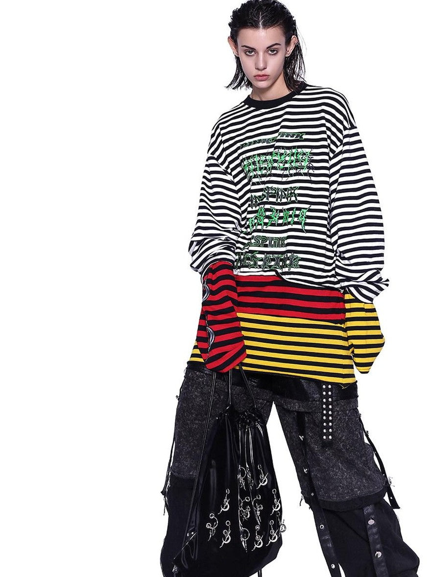 PINKSPINK Stacked Stripe Asymmetric Patchwork Embroidered Women's Long Sleeve T-shirts