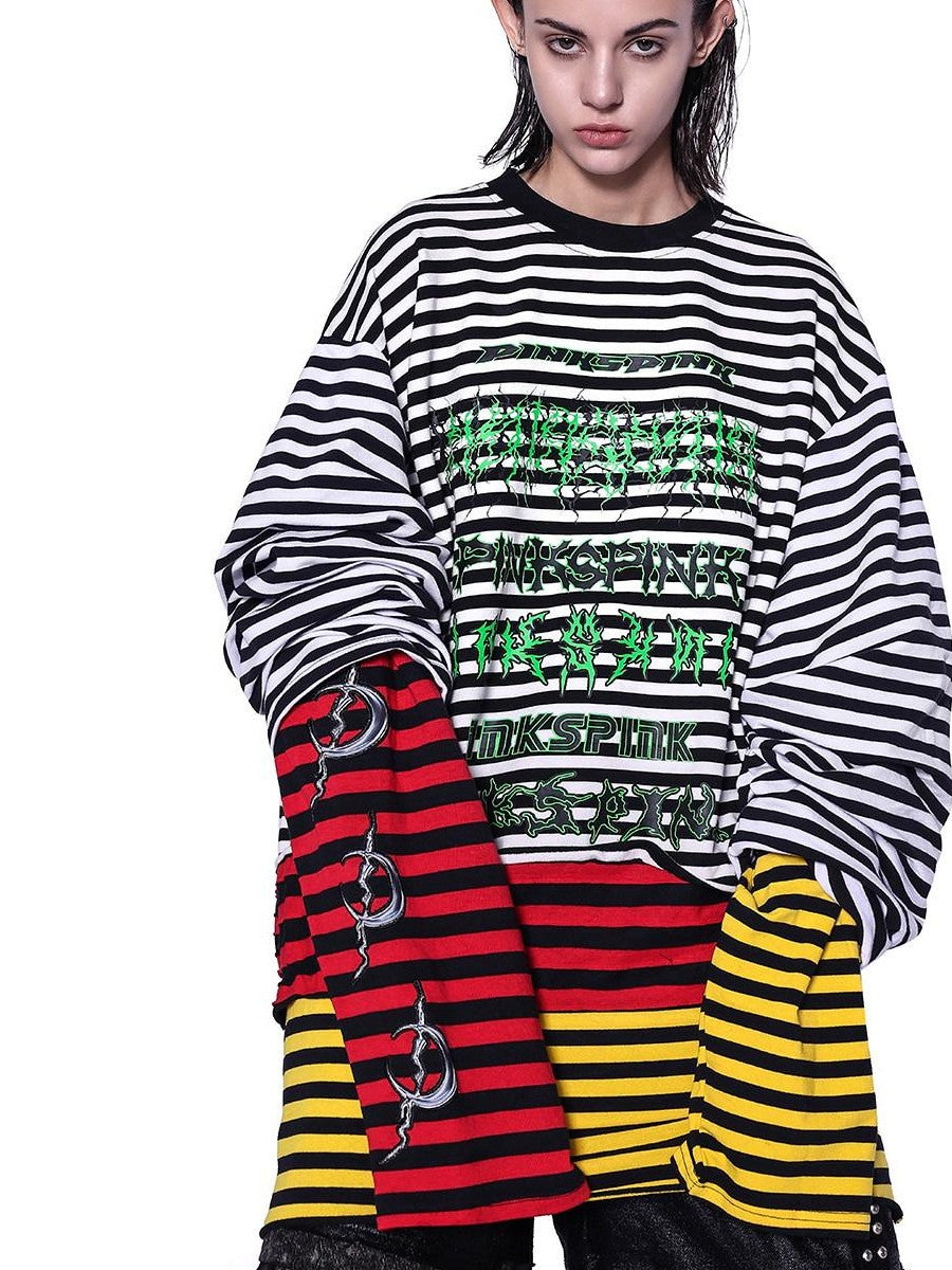 PINKSPINK Stacked Stripe Asymmetric Patchwork Embroidered Women's Long Sleeve T-shirts