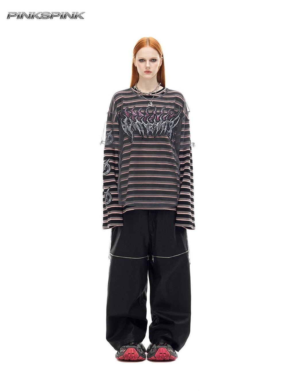 PINKSPINK Striped Applique Embroidery Distressed Punk Women's Cotton Long Sleeve T-shirts