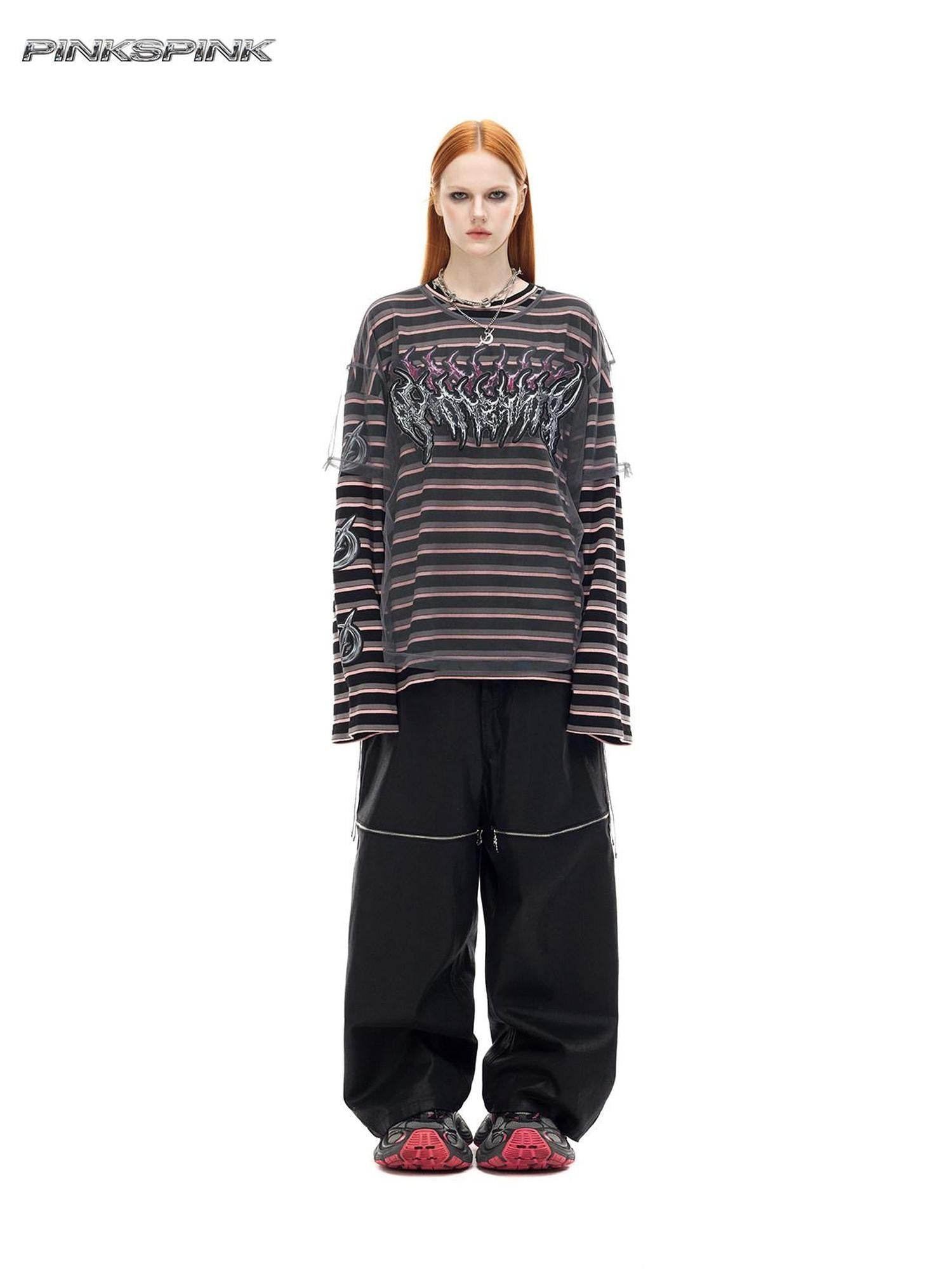 PINKSPINK Striped Applique Embroidery Distressed Punk Women's Cotton Long Sleeve T-shirts