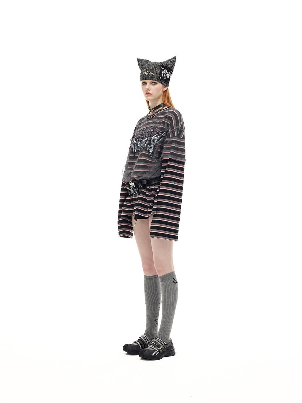 PINKSPINK Striped Applique Embroidery Distressed Punk Women's Cotton Long Sleeve T-shirts