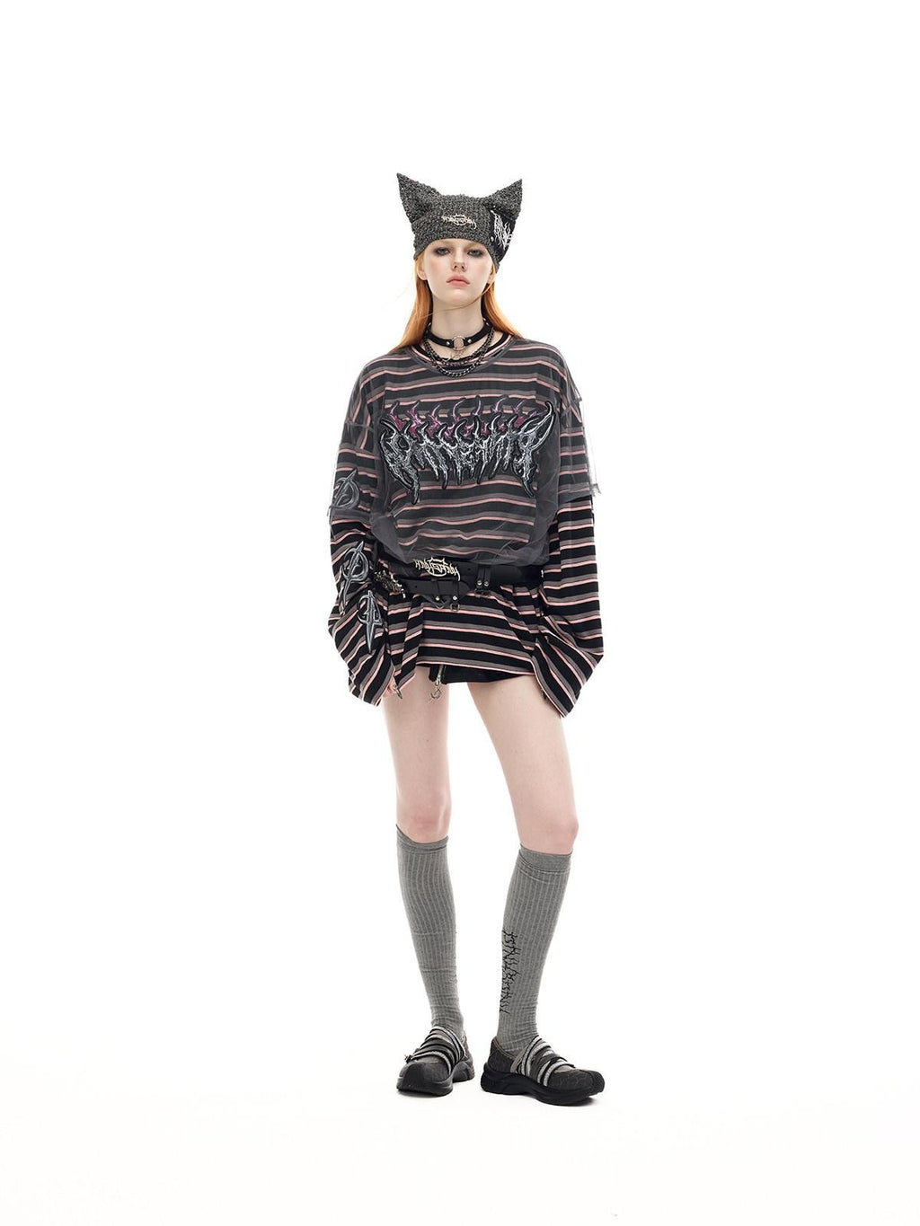 PINKSPINK Striped Applique Embroidery Distressed Punk Women's Cotton Long Sleeve T-shirts