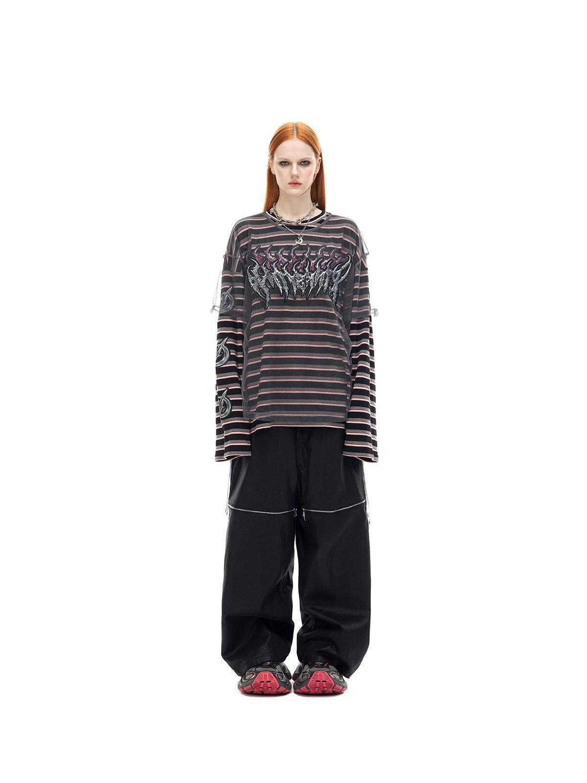 PINKSPINK Striped Applique Embroidery Distressed Punk Women's Cotton Long Sleeve T-shirts