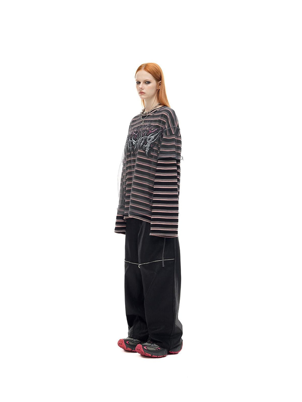 PINKSPINK Striped Applique Embroidery Distressed Punk Women's Cotton Long Sleeve T-shirts