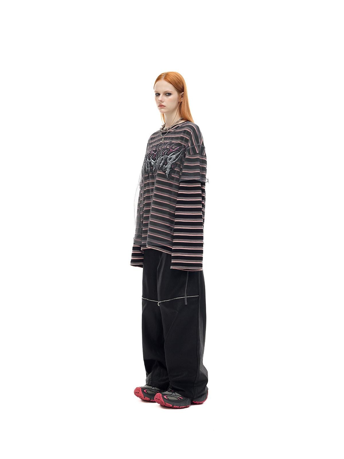 PINKSPINK Striped Applique Embroidery Distressed Punk Women's Cotton Long Sleeve T-shirts