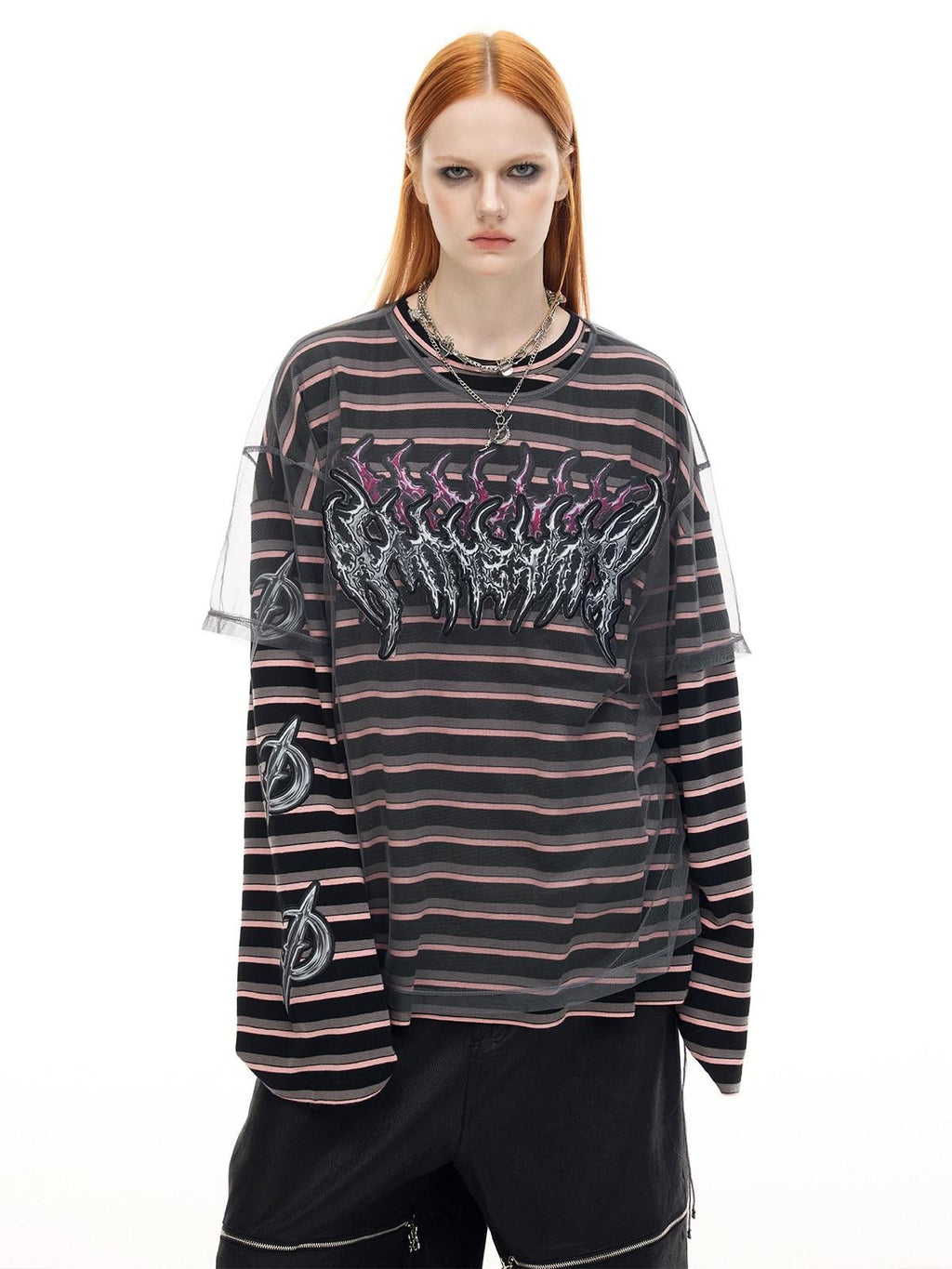 PINKSPINK Striped Applique Embroidery Distressed Punk Women's Cotton Long Sleeve T-shirts
