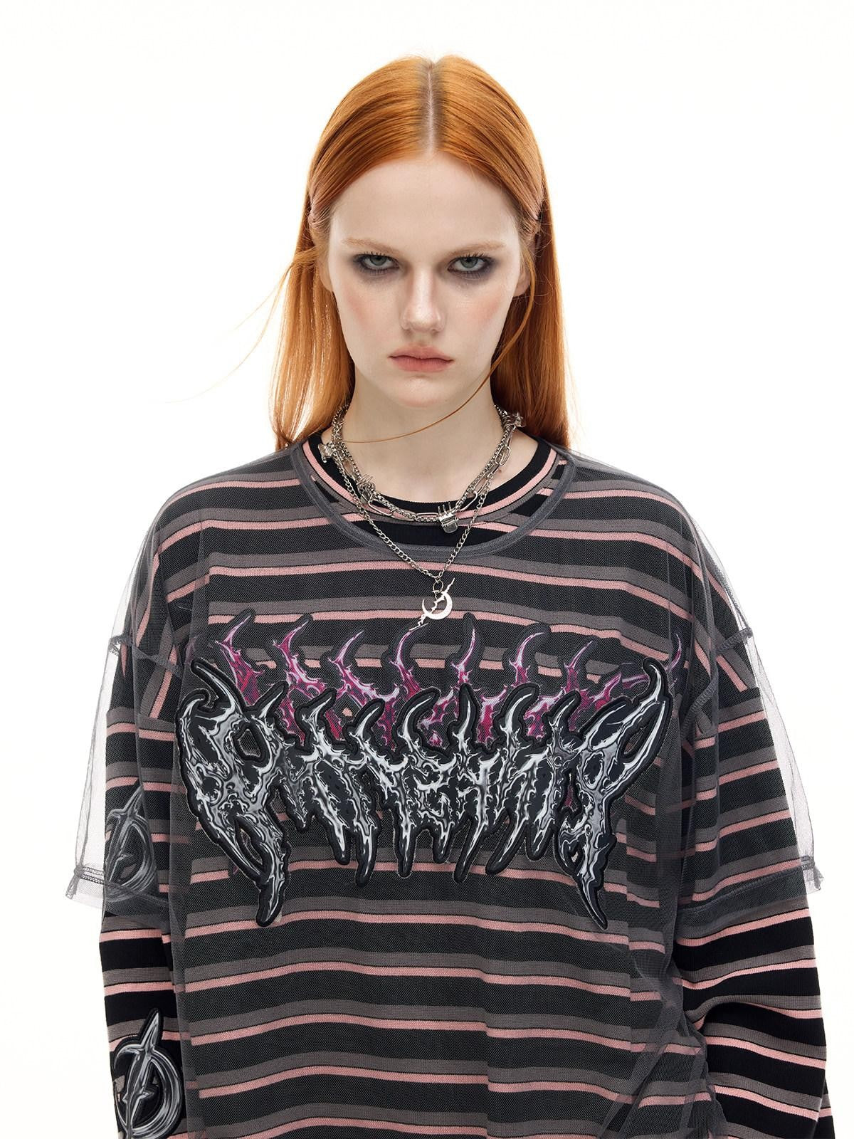 PINKSPINK Striped Applique Embroidery Distressed Punk Women's Cotton Long Sleeve T-shirts