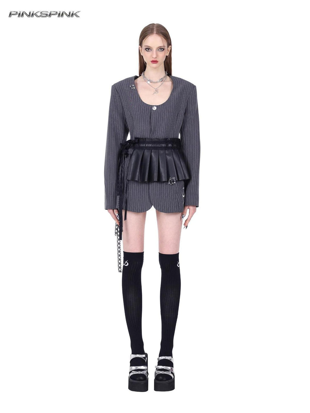 PINKSPINK Striped Cutout Silver Thread Rivet Women's Polyester Casual Mini Dresses
