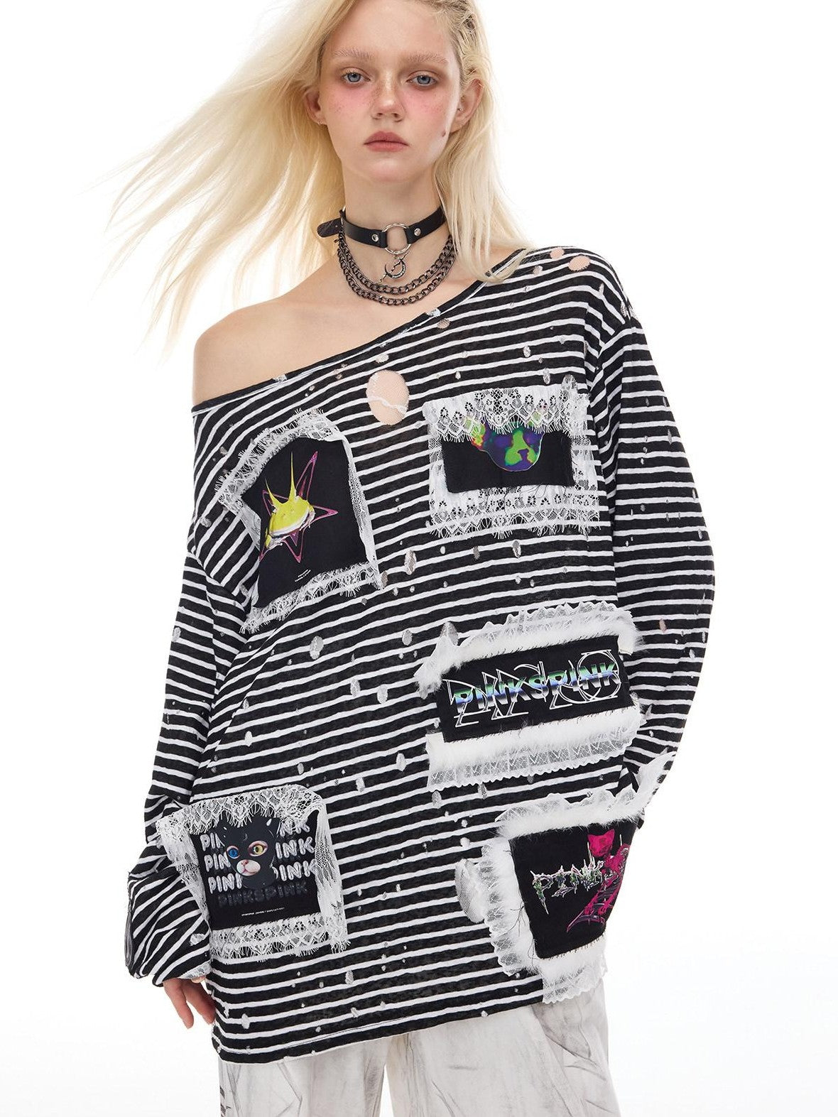 PINKSPINK Striped Lace Trim Punk Print Women's Cotton Long Sleeve T-shirts