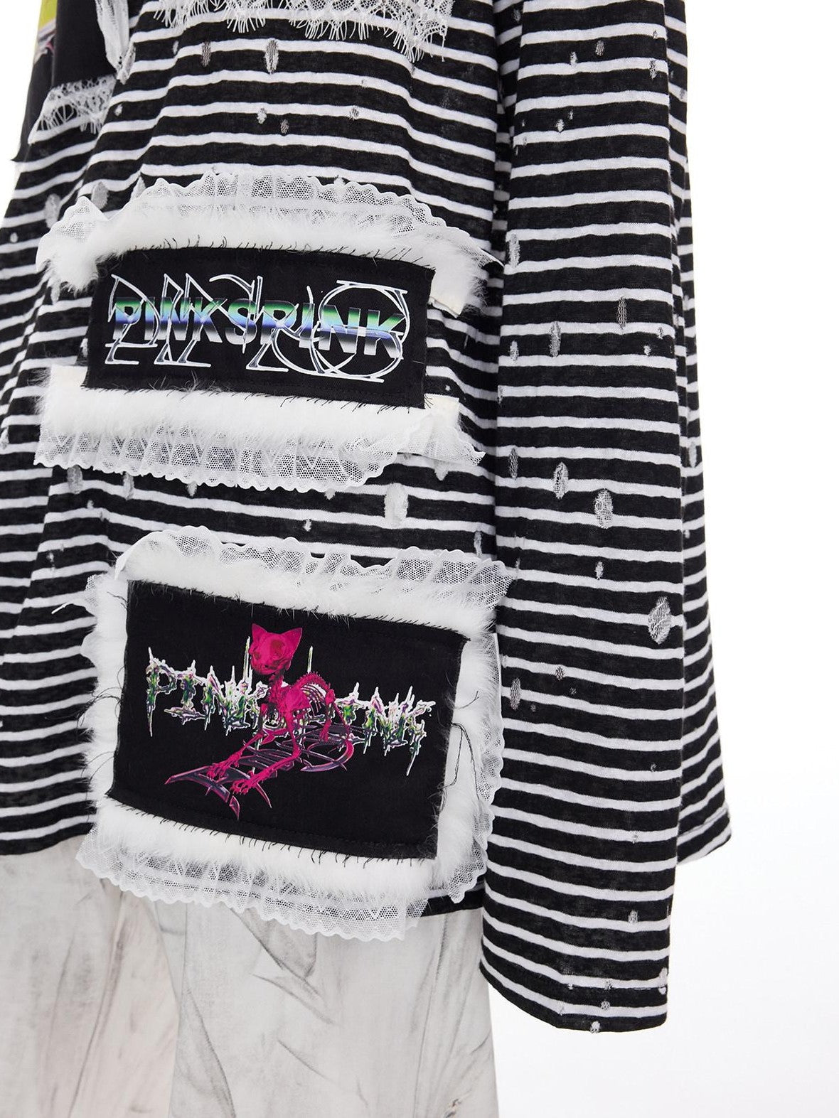 PINKSPINK Striped Lace Trim Punk Print Women's Cotton Long Sleeve T-shirts