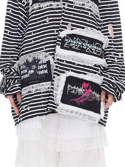 PINKSPINK Striped Lace Trim Punk Print Women's Cotton Long Sleeve T-shirts