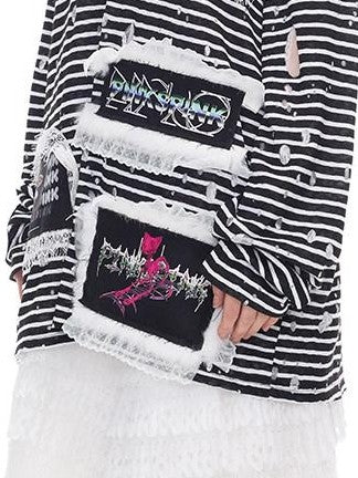 PINKSPINK Striped Lace Trim Punk Print Women's Cotton Long Sleeve T-shirts