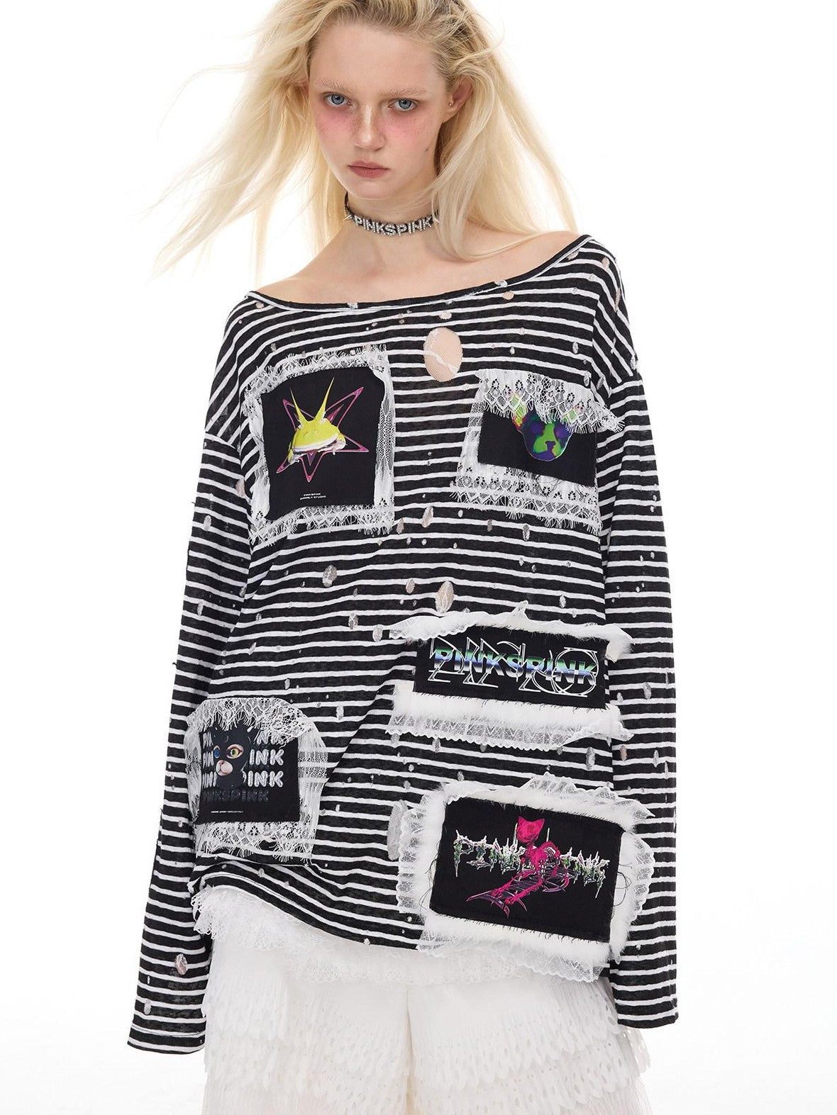PINKSPINK Striped Lace Trim Punk Print Women's Cotton Long Sleeve T-shirts