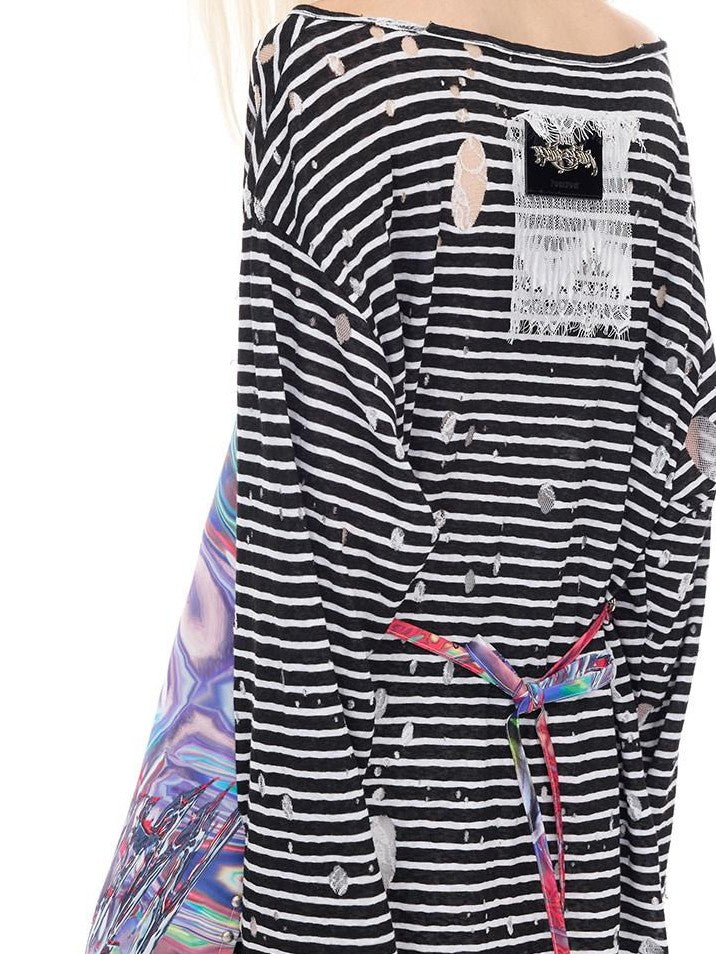 PINKSPINK Striped Lace Trim Punk Print Women's Cotton Long Sleeve T-shirts