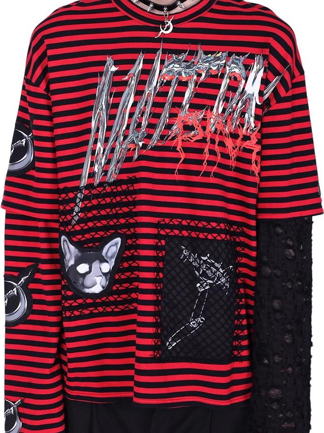 PINKSPINK Striped Patchwork Embroidered Ripped Women's Cotton Long Sleeve T-shirts