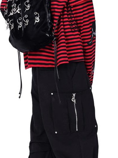 PINKSPINK Striped Patchwork Embroidered Ripped Women's Cotton Long Sleeve T-shirts