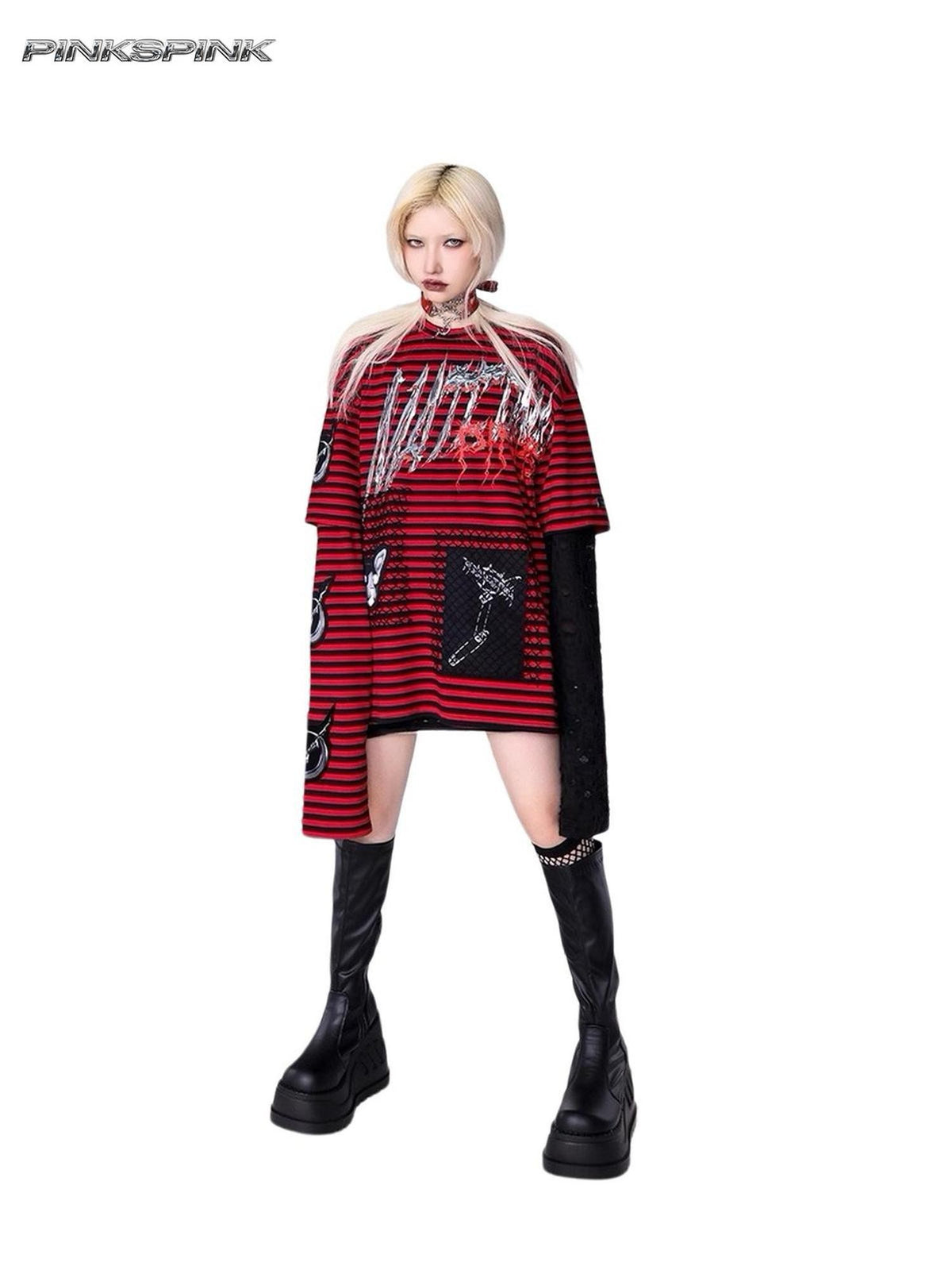 PINKSPINK Striped Patchwork Embroidered Ripped Women's Cotton Long Sleeve T-shirts